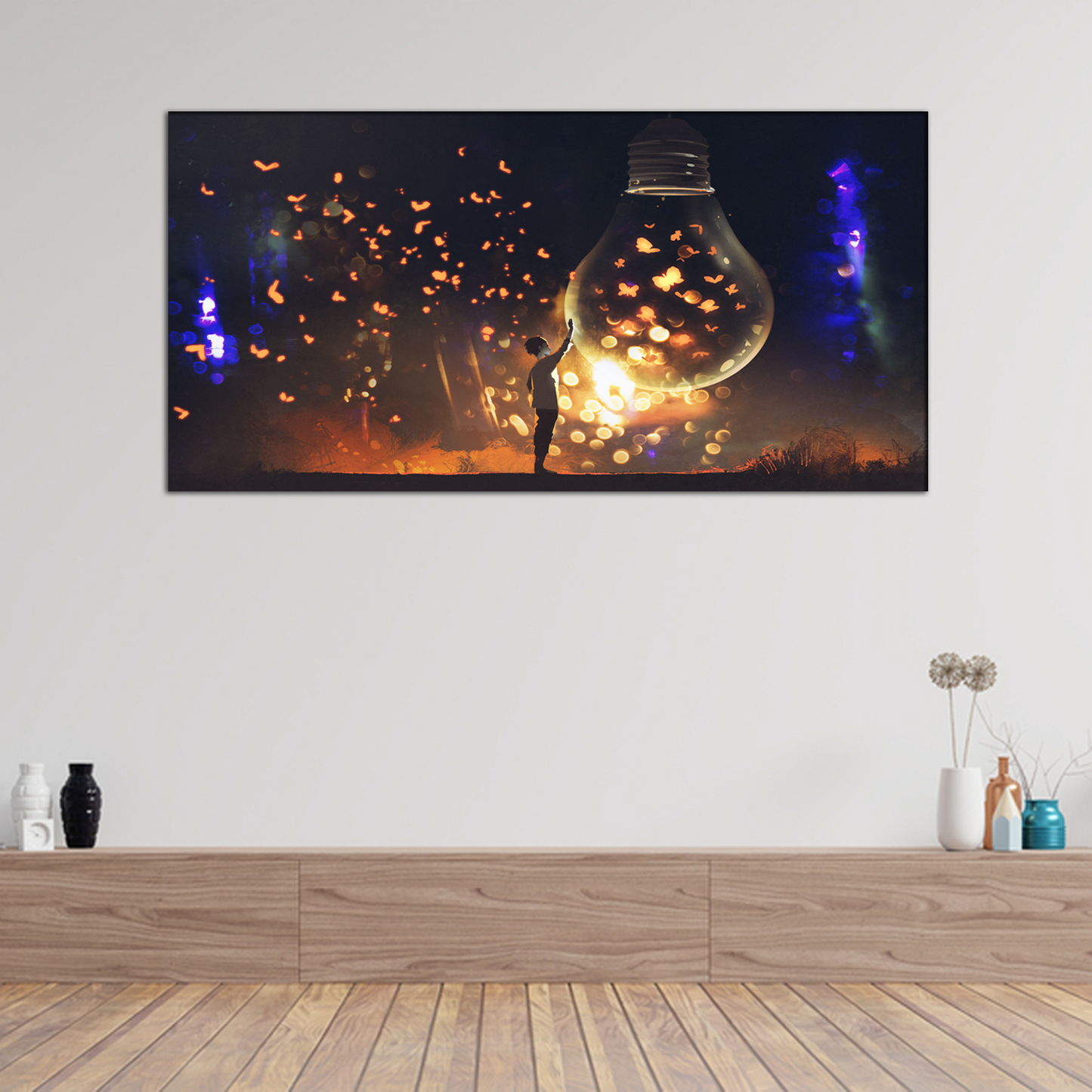 Big Bulb With Glowing Butterflies Abstract Canvas Wall Painting