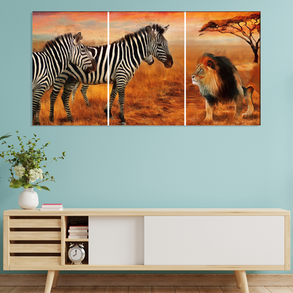 Zebra And Lion Animal Canvas Wall Painting