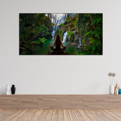 Yoga Woman in front of Waterfall Canvas Print Wall Painting