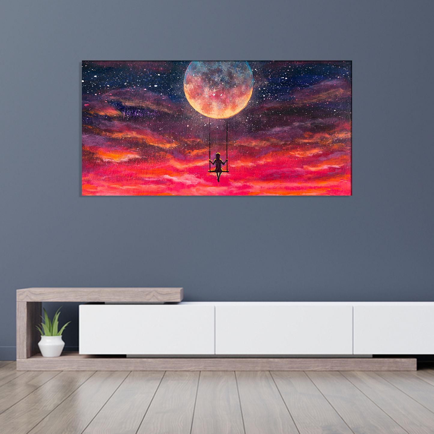 Girl Rides on Swing in Sky Abstract Canvas Print Wall Painting