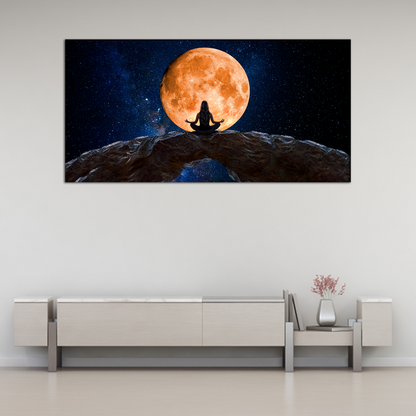 Woman Meditating and Observing the Moon Canvas Print Wall Painting