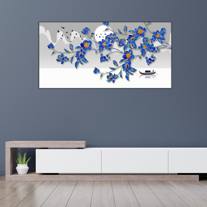 Blue Flowers and Flying Birds Canvas Print Wall Painting