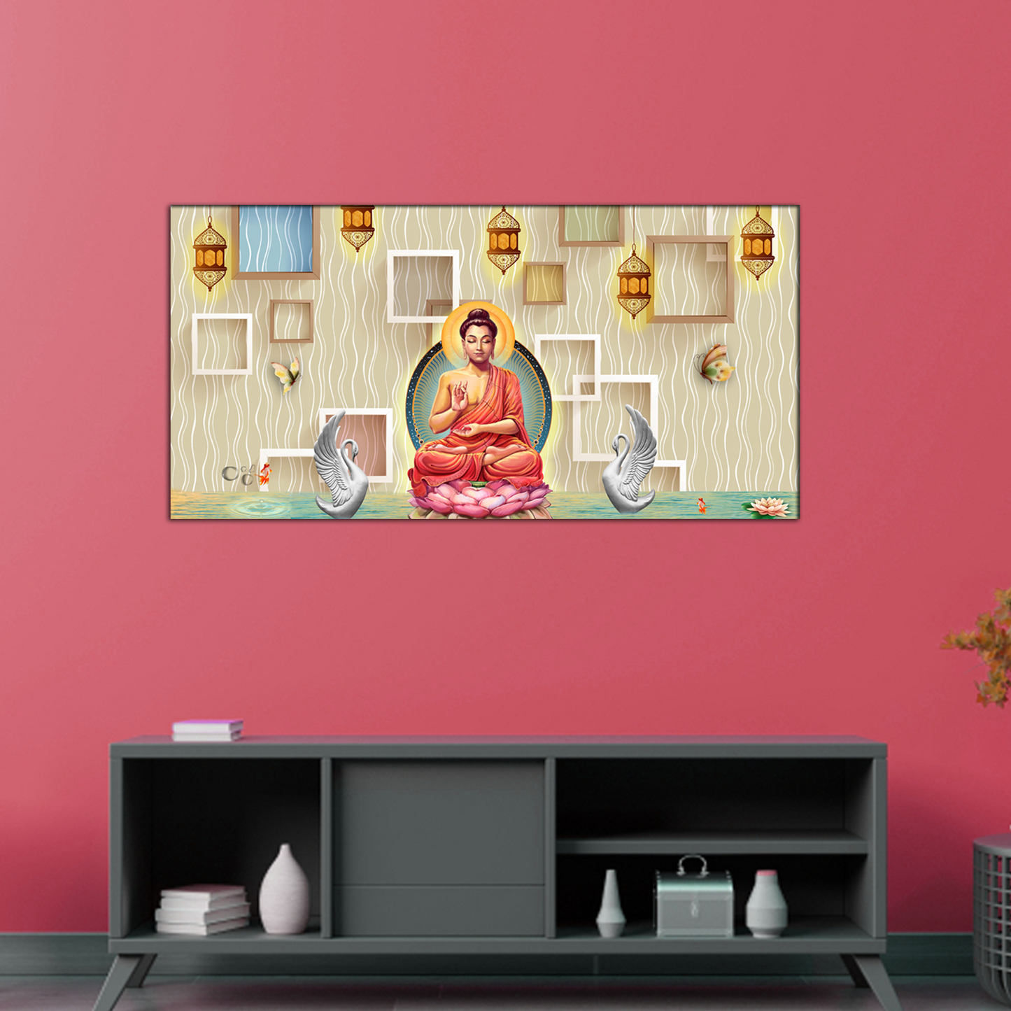 Buddha on Lotus With Swans Canvas Print Wall Painting
