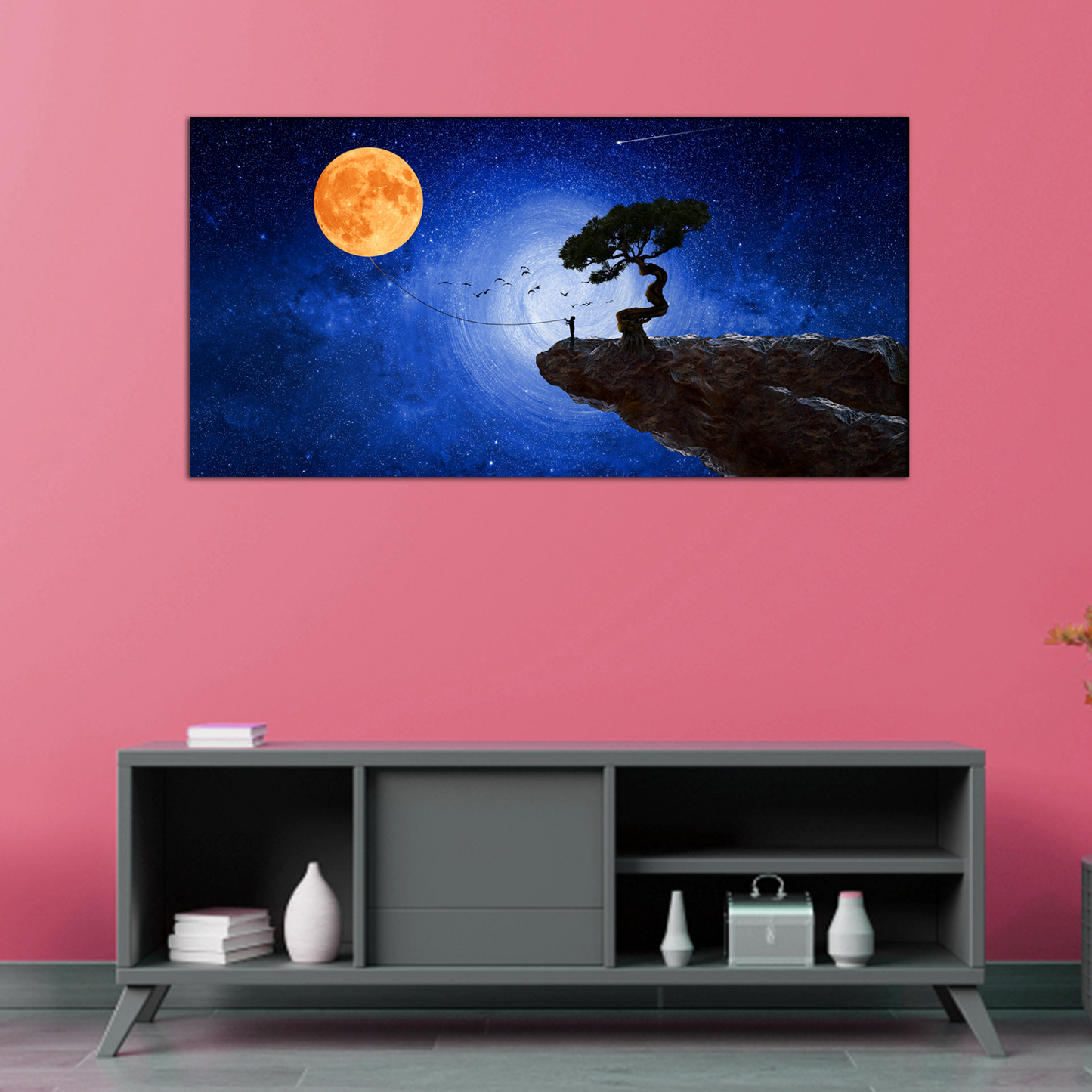 Child Catches the Moon with a Rope Canvas Print Wall Painting