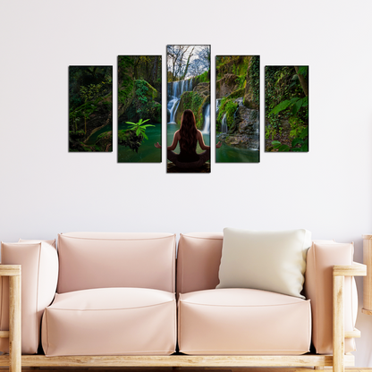 Girl Meditation in Front of waterfall MDF Panel Painting