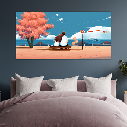 beautiful Canvas of love couple seating near beach 