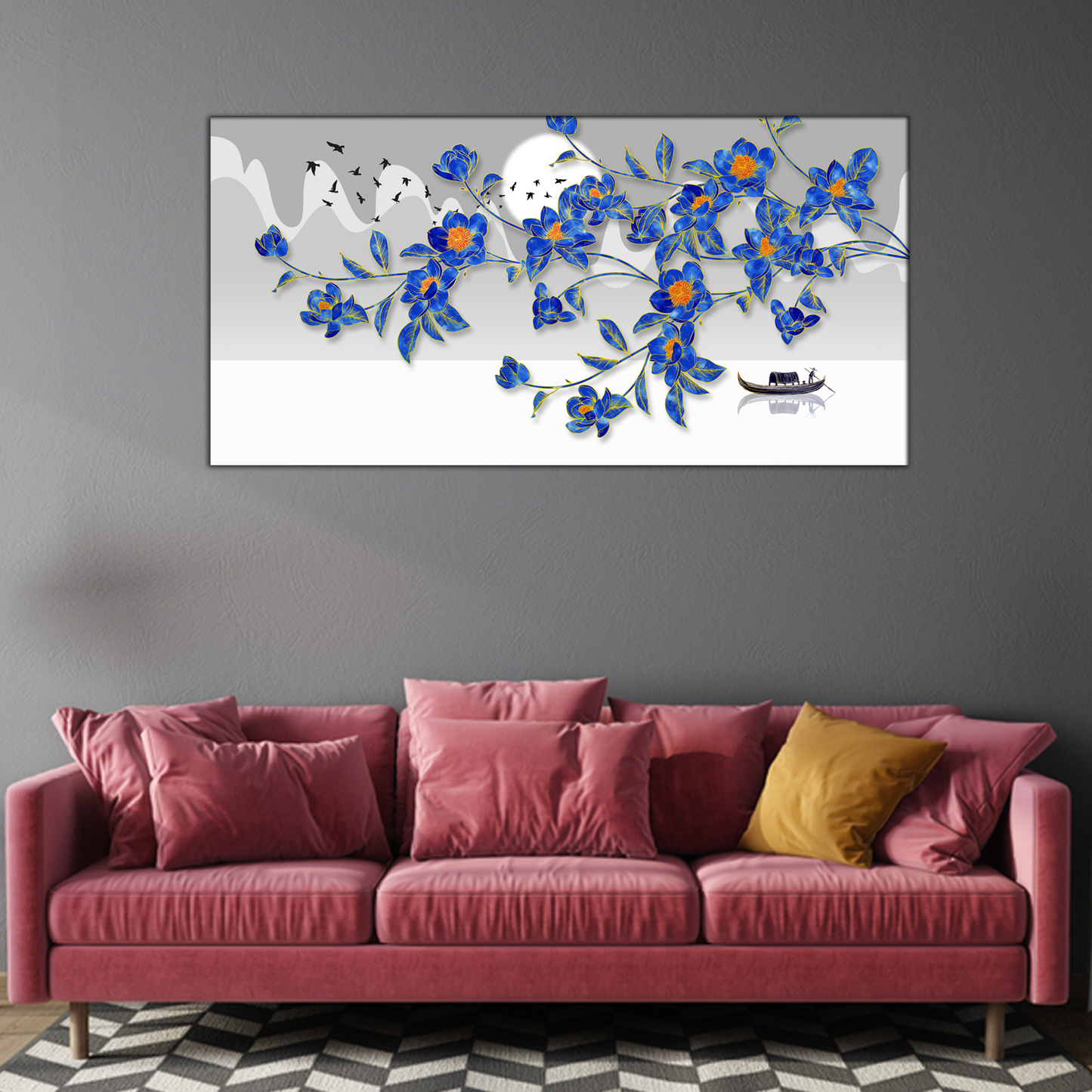 flying birds and blue flowers wall painting 