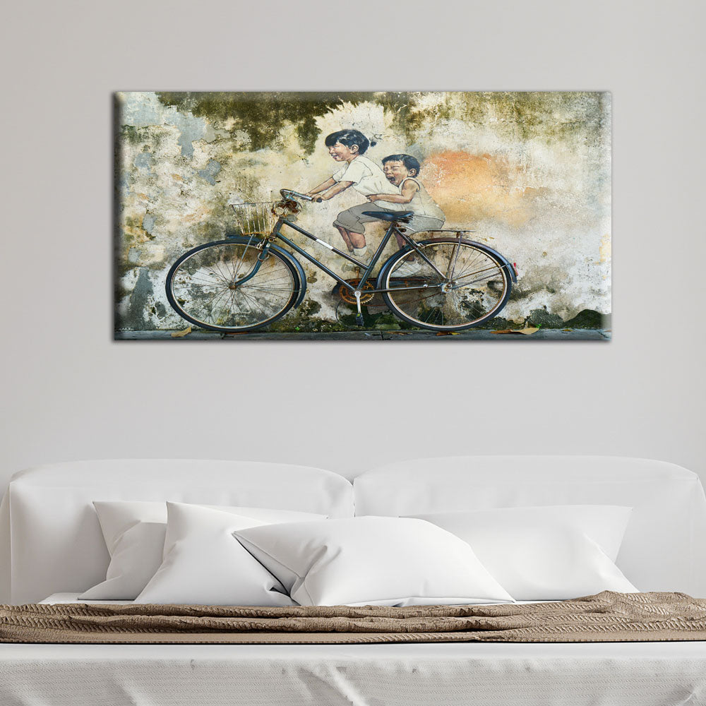 Kids On Old Bicycle Artistic Canvas Wall Painting