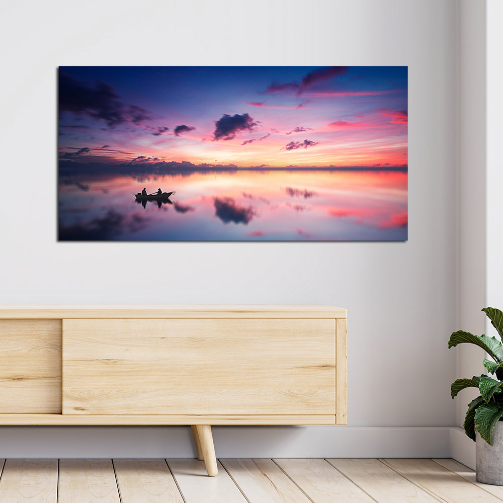 Pink Sky During Sunset Over Lake Canvas Wall Painting