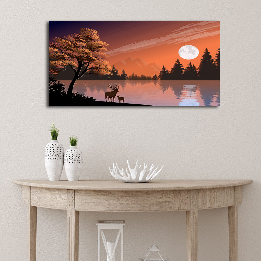 Deer In Sunset Near Lake Abstract Landscape Scenery Canvas Wall Painting