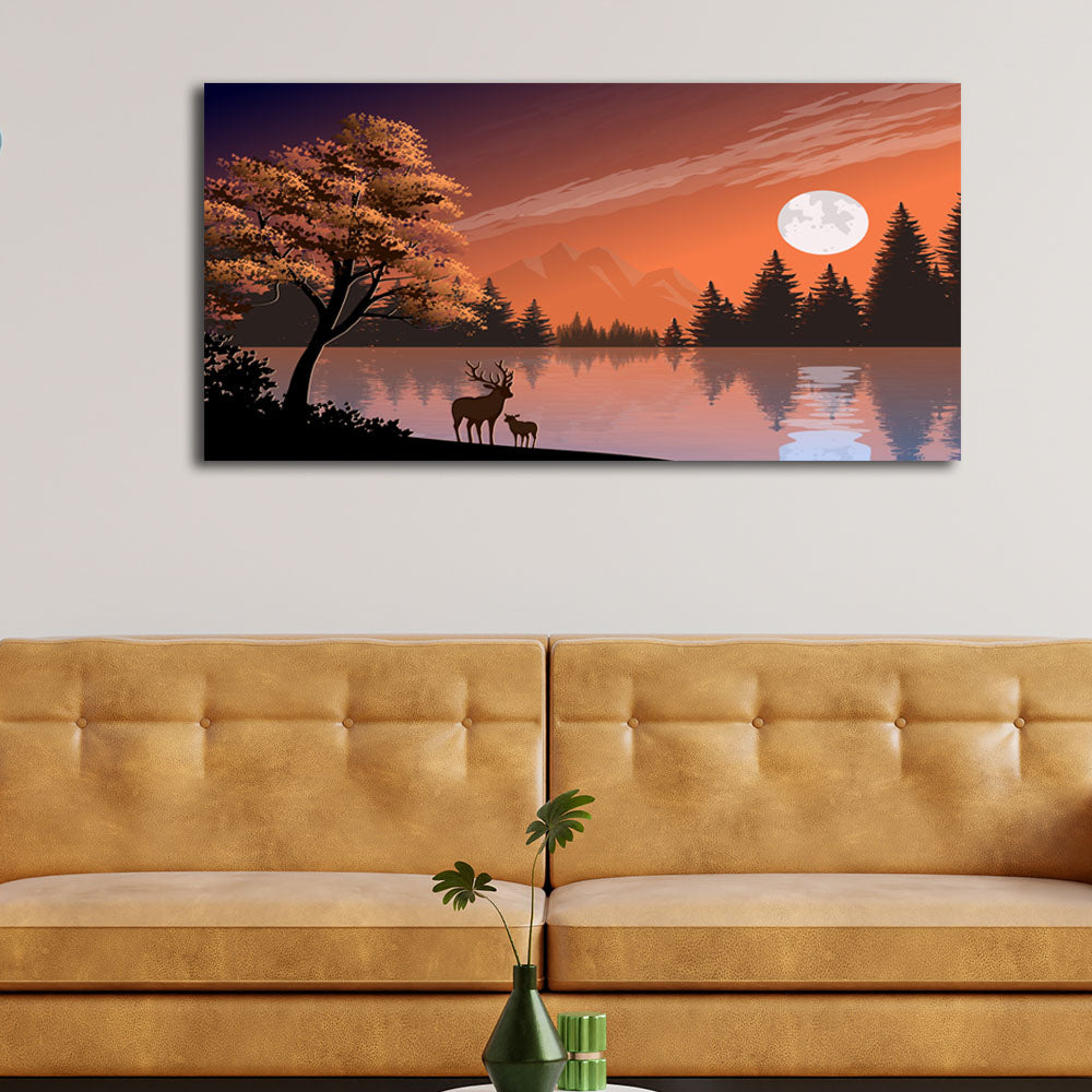 Deer In Sunset Near Lake Abstract Landscape Scenery Canvas Wall Painting