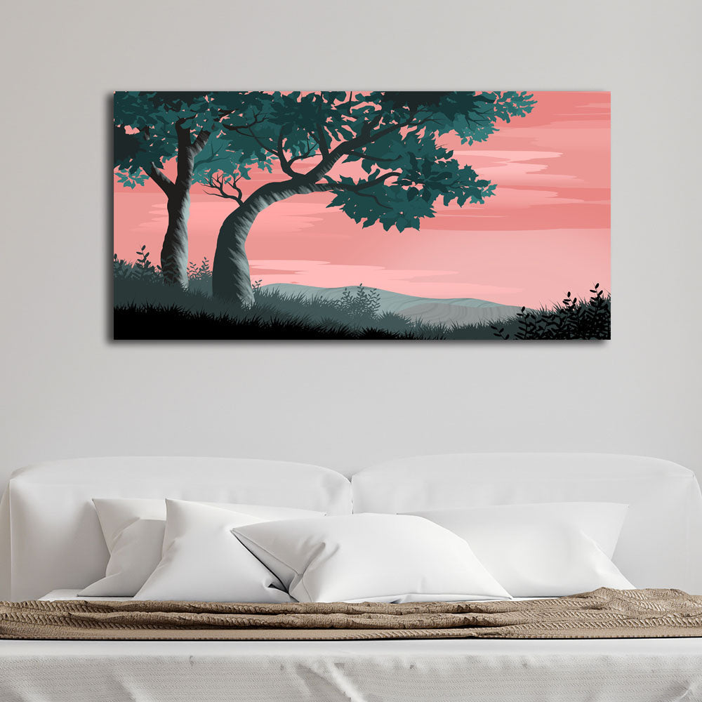 Tree Under Pink Sky Abstract Scenery Canvas Wall Painting