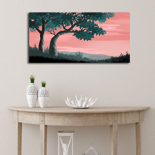 Tree Under Pink Sky Abstract Scenery Canvas Wall Painting