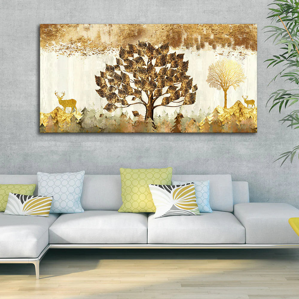 Beautiful Tree and Golden Deer Canvas Print Wall Painting